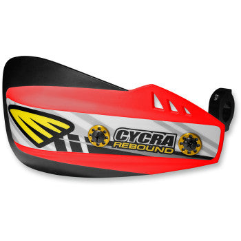 The Rebound Hand Guards Red by Cycra feature bold branding and durable shields with red, black, and white colors plus yellow accents for trail protection; designed for handlebars and shown from a side angle.