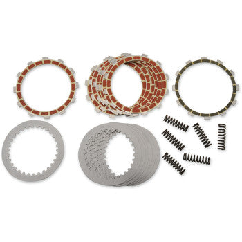 A Clutch Kit by Barnett, including steel drive plates, friction plates, and coiled springs, is arranged neatly on a white background.