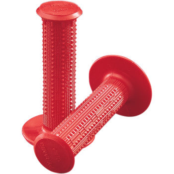 The Pyramid Grips Red by Oury Grips are two soft rubber, red twist throttle grips with knobby texture and wide ends, crossed together to provide nonslip support and enhanced motorcycle control.