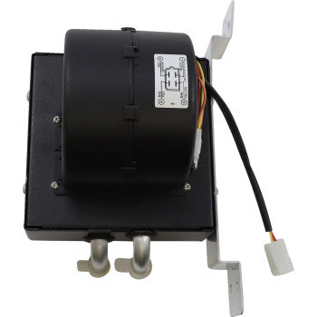 Black rectangular Yamaha UTV cab heater with metal mounting brackets, wiring harness, and two curved metal pipes.
