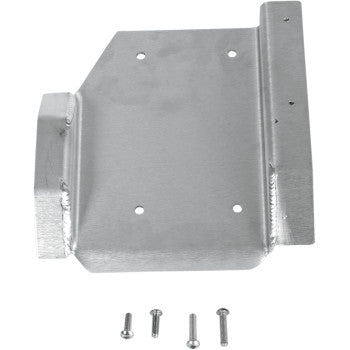 The Kawasaki KFX R Swingarm Skid Plate by DG Performance is a silver metal bracket with four screw holes, including matching screws—ideal for sprocket guard or swingarm protection setups and shown on a white background.