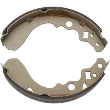 Two semi-circular Kawasaki - Suzuki 9158 Brake Shoes by DP Brakes shown open end to open end, highlighting durable friction material and multiple attachment holes—perfect as a fade-free replacement pad.