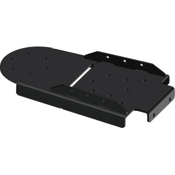 The UTV V Plow Track Extension by Kfi Products is a black rectangular metal plate with multiple holes, cutouts, an angled section, and a rounded end—designed for use with UTV Push Tube Weldments in the KFI Pro-V Plow System.