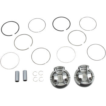 The Polaris Piston Kit +5.00 mm Big Bore M Spec by Millennium includes two 4-stroke pistons, piston rings, wrist pins, and circlips, all displayed on a white background as a complete replacement kit.