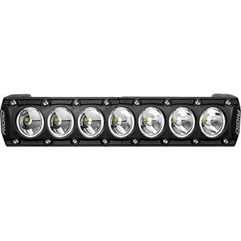 The Light Bar 10" White Backlight by Rigid Industries features a black housing with eight round LEDs in a row, an aluminum alloy heatsink, and end mounting points—perfect for UTVs and auxiliary lighting.