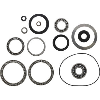 The Kawasaki Brute Force Differential Bearing Kit Front KVF 750 by Moose Offroad includes EMQ bearings, TC rubber seals, washers, and an O-ring arranged on a white background as essential circular mechanical components.