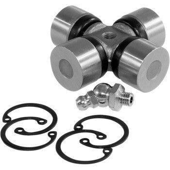 The Can Am Universal Joint by Epi features a metal cross-shaped joint, three black retaining clips, and a grease zerk fitting—ideal OEM replacement, shown on a white background.