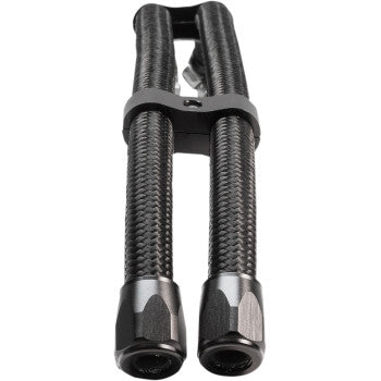 Close-up of the black Oil Hose Upgrade Kit - 6 by Jagg Oil Coolers, featuring dual-barreled metal construction with textured grips and hexagonal ends, designed for use with braided oil hoses, shown against a white background.