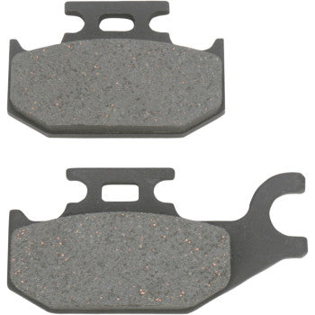 Two gray Can Am - Yamaha Brake Pads by Epi with metal backing plates: one pad has a hook-like right extension, the other a top rectangular notch. Both feature textured friction surfaces—ideal OEM ATV replacements.