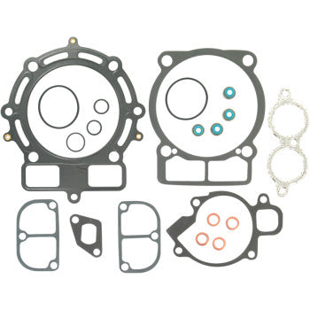 A set of black, grey, and copper gaskets and seals neatly arranged, featuring MLS head gaskets from the Polaris Top End Gasket Kit 95 mm by Cometic for a reliable top end seal.