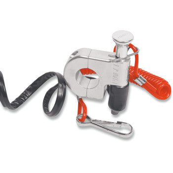 The Pingel Kill Switch Handlebar Mount Normally Closed 1 1/8" features a billet aluminum construction, marine-ready design, coiled red lanyard, secure clamp, and quick-release key for emergency safety and over-rev protection.