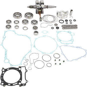 The Yamaha YFZ Engine Rebuild Kit by Vertex is neatly arranged on a white background, featuring a crankshaft, piston kit, bearings, seals, gaskets, O-rings, and various small components.