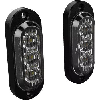 Two Denali Turn Signal - Switchback - T3 - Rear lights with oval shapes, black mounting frames, and three circular switchback LEDs behind clear lenses are shown against a white background.