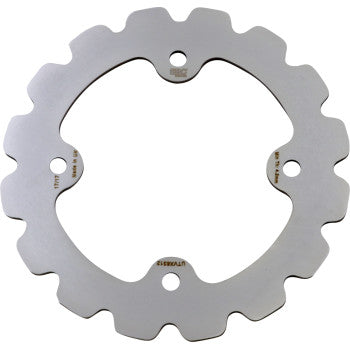 The Polaris UTV Rotor by Ebc is a round, silver, heat-treated stainless steel disc brake rotor with a waved edge and four large mounting holes, designed for UTVs.