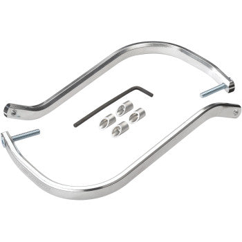 The Contour Hand Guard Bars Replacement Silver by Moose Offroad includes two curved silver bars, four cylindrical spacers, two screws, and a black hex key tool. Made in the USA for durability and precision. All parts are arranged on a white background.