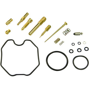 The Honda Carburetor Repair Kit by Shindy includes main and pilot jets, a needle, springs, float valves, and black rubber O-rings and gaskets, all neatly arranged on a white background.