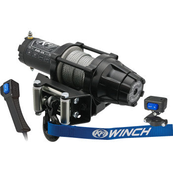 The AM-35 Assault Winch 3500lb Steel Cable by Kfi Products features a black ATV winch, metal cable spool, heavy-duty electric contactor, handheld remote, roller fairlead, and a blue KF WINCH strap displayed on a white background.