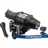 The AM-35 Assault Winch 3500lb Steel Cable by Kfi Products features a black ATV winch, metal cable spool, heavy-duty electric contactor, handheld remote, roller fairlead, and a blue KF WINCH strap displayed on a white background.