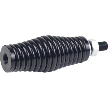 The Barrel Spring Black by Moose Offroad is a black, cylindrical metal mount with a coiled texture, threaded hole, hex nut, and threaded rod—built as a heavy-duty spring mount for offroad whip springs or whip light barrel springs.