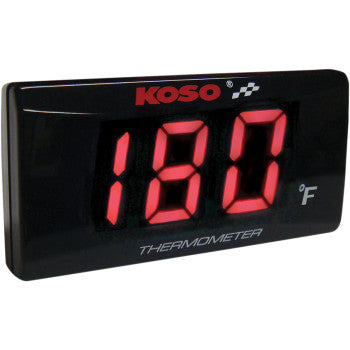 The Super Slim Temperature Gauge by Koso North America displays 180°F in bold red numbers on a black LCD screen, measures temps from 32-248°F, and includes a high temperature warning for enhanced safety.