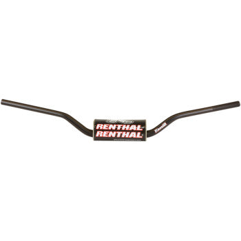 The Fatbar™ Handlebar 814 KFX Black by Renthal features a braceless aluminum alloy build with a slight rise, outward curve, and a central foam pad showcasing the red and white RENTHAL logo. Ideal for bicycles or motorcycles.