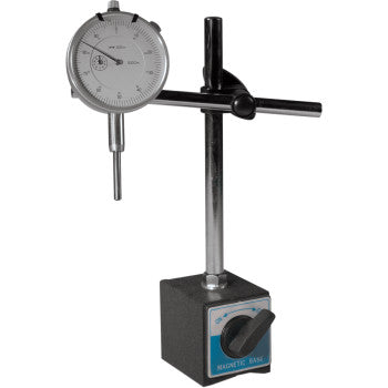 The Dial Indicator Magnetic Base by K&L Supply features a mechanical gauge with an adjustable arm mounted on a metal magnetic stand, perfect for precision measurements in engineering and machining.