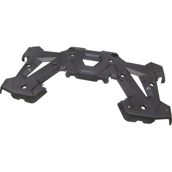 The Polaris 325 Sportsman Replacement Rear Rack by Quad Logic is a black, angular injection molded plastic rack with multiple screw holes and hook-like extensions for securing or supporting components.