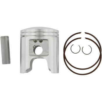 Silver metal piston with a cylindrical pin and three black piston rings arranged on a white background.