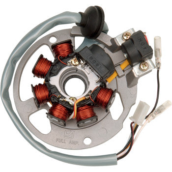 A close-up of the Stator by Rick's Motorsport Electric, showing copper coils, wiring, and connectors mounted on a metal plate.