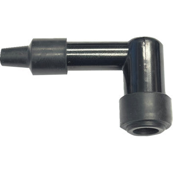 The Spark Plug Cap 90° 14 mm by K&S Technologies is a black, right-angle rubber resistor cover with cylindrical ends of different sizes for connecting a spark plug and ignition wire.
