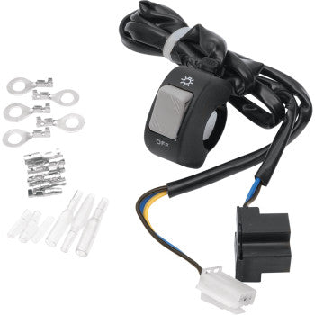 The Universal Headlight Switch by K&S Technologies, with wiring, eyelet terminals, connectors, washers, and plastic sleeves for installation, is neatly displayed on a white background.