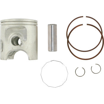 The Yamaha RD350 RD350 LC Banshee 350 Piston Kit 65.25 mm by Prox includes a CNC machined piston, wrist pin, two piston rings, a thin wire ring, and two small circlips—shown on a white background.