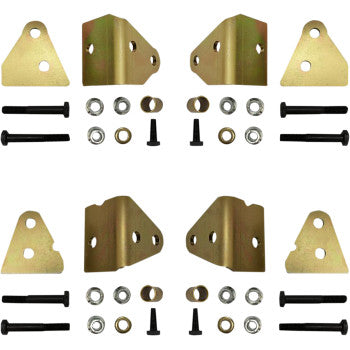 Four gold-toned metal lift brackets with matching black bolts, nuts, and washers for Can Am Outlander suspension upgrade.
