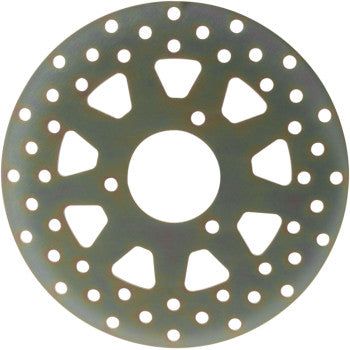 The Honda ATV Brake Rotor by EBC is a round, metallic carbon steel rotor with a large central hole, multiple triangular cutouts, and two rings of scraper holes near the edge to enhance pad life on ATVs.