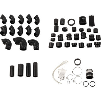 The Can Am ATV Snorkel Kit by High Lifter includes black ABS pipe fittings, connectors, couplings, hose clamps, zip ties, and small hardware arranged in four groups on a white background for air or CVT intake setups.