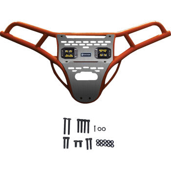 Orange metal front bumper skid plate for Polaris RZR XP 1000 with integrated amber LED lights and mounting hardware.