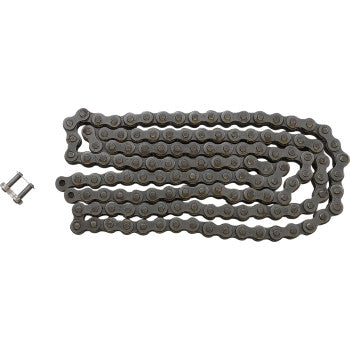 The 428 HDR Heavy Duty Drive Chain Steel 130 Links by Jt Chains is arranged in a zigzag pattern beside its matching connecting master link, ready for use in power transfer applications.