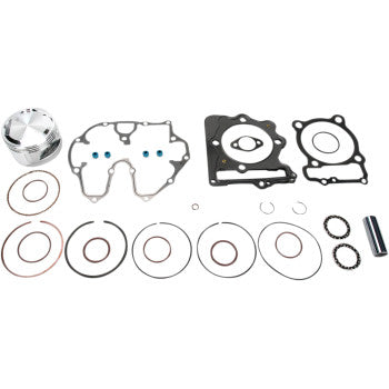 The Honda Piston Kit with Gaskets 87.00 mm by Wiseco is displayed on a white background, featuring the piston kit, gaskets, rings, seals, and components organized in neat rows.