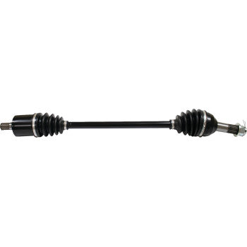 Black metal axle shaft with rubber accordion boots on both ends, designed for offroad vehicle use.