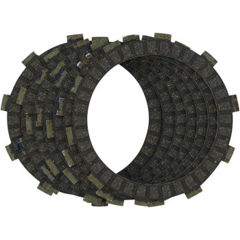 Clutch Plates by Vesrah: dark, round discs with notched edges, stacked in a slightly overlapping arrangement against a white background and crafted to meet OEM standards.