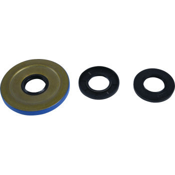 Three circular seals from the Can Am Defender Differential Bearing Seal Kit Front 1000 by Moose Offroad are displayed on a white background: a large gold and blue seal on the left, and two smaller black seals on the right.