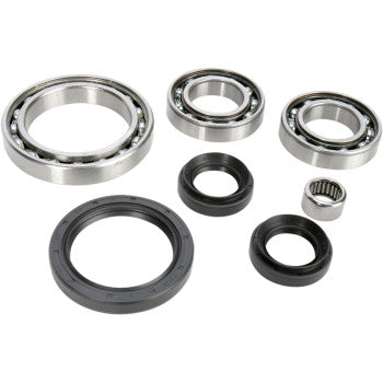 The Yamaha Differential Bearing Seal Kit Rear by Moose Offroad includes three ball bearings, one needle bearing, and three black TC rubber seals, all arranged on a white background.