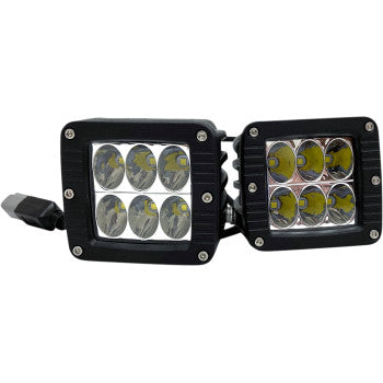 The LED Light Pods by Rivco Products are two square work lights with black frames, each featuring six round bulbs (two rows of three). With 6000K output and visible front screws, they're connected side by side for bright illumination.