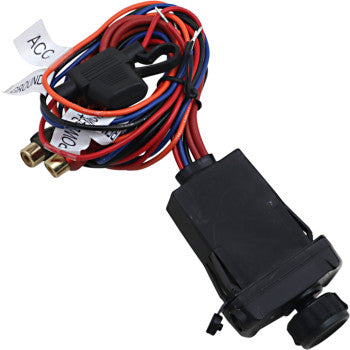 Black rectangular Bluetooth joystick controller with attached red and blue wires and connectors.
