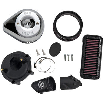 The Indian Stealth Air Cleaner Kit with Cover - Chrome by S&S Cycle includes a chrome cover, black plastic and metal housing, cylindrical and rectangular air filters, clamps, screws, and mounting hardware for Indian motorcycles.
