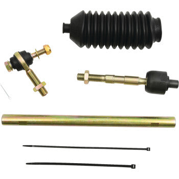 The Tie Rod End Kit Right Hand by Moose Offroad is a heavy-duty steering rack repair kit with a rubber boot, tie-rod ends, tie rod, metal tube, and two black zip ties—shown on a white background for OEM cost savings.