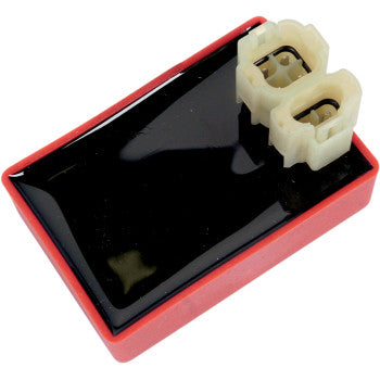 Rectangular red and black Honda Hot Shot CDI box with two white electrical connectors on top.