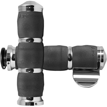 Two Indian 3-Ring Air Cushioned Grips with Throttle Boss in chrome by Avon Grips are arranged in a plus sign on a white background, highlighting their air-cushioned comfort and sleek design.
