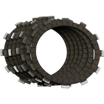 The Clutch Plate Kit Fiber by Hinson Racing features round, textured clutch plates with notched edges—perfect for replacing OEM clutch baskets or for use with Hinson components.