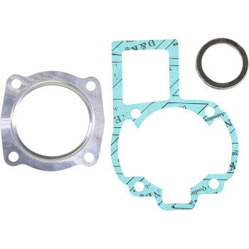 The Kawasaki - Suzuki Top End Gasket Set by Prox includes a silver metal flange with four bolt holes, a greenish-blue gasket with irregular cutouts, and a circular metal ring, all displayed on a white background.
